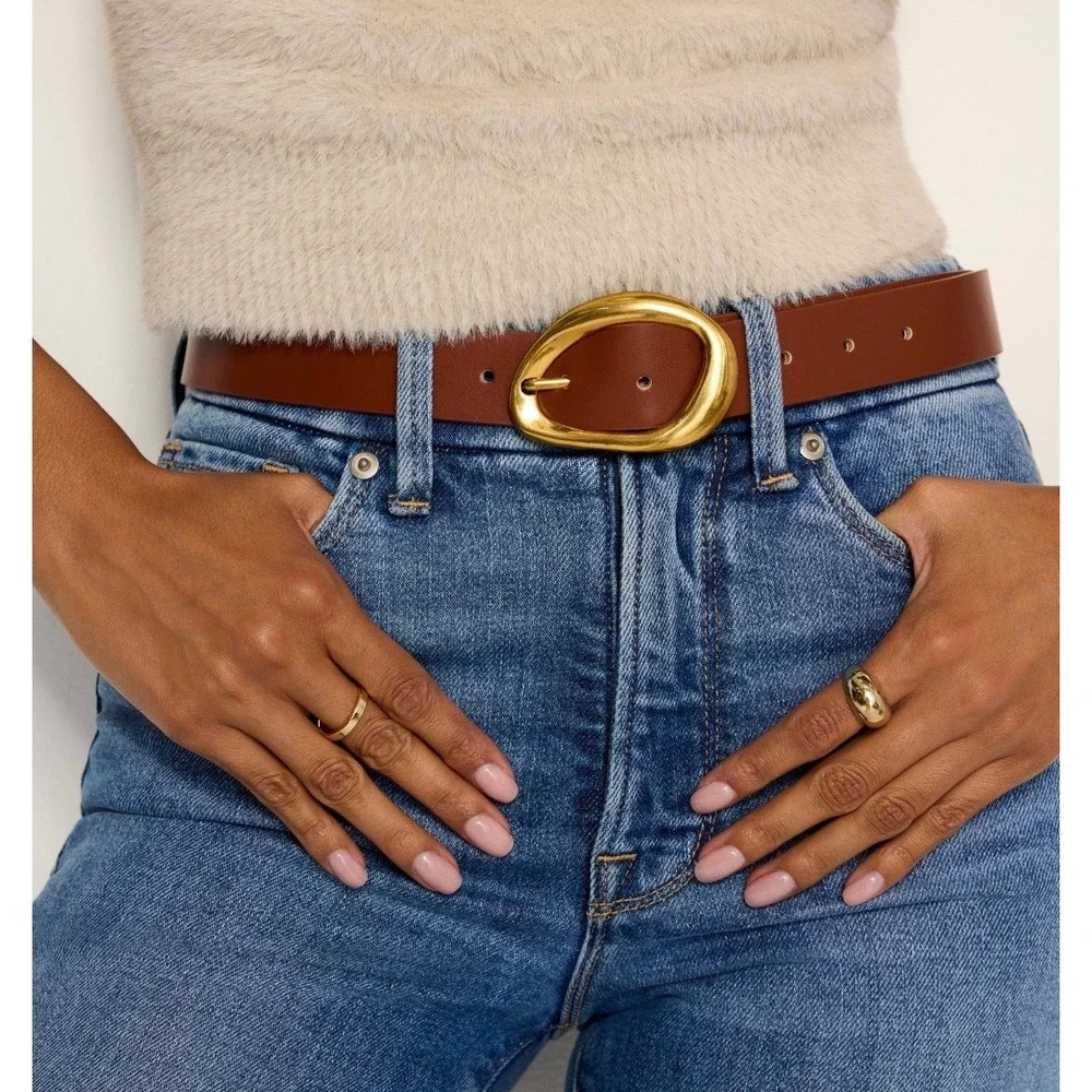 Good American Womens Classic Oval Buckle Belt Brown Vegan Leather Luxury Minimal